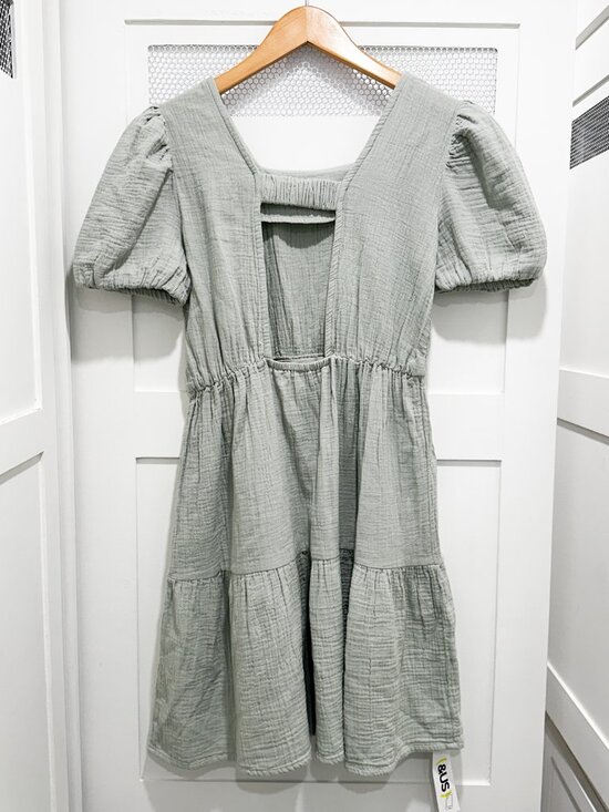 100% Cotton Gauze Mini Dress Open Back Sage Pastel Easter Cottagecore - Picture 4 of 7
